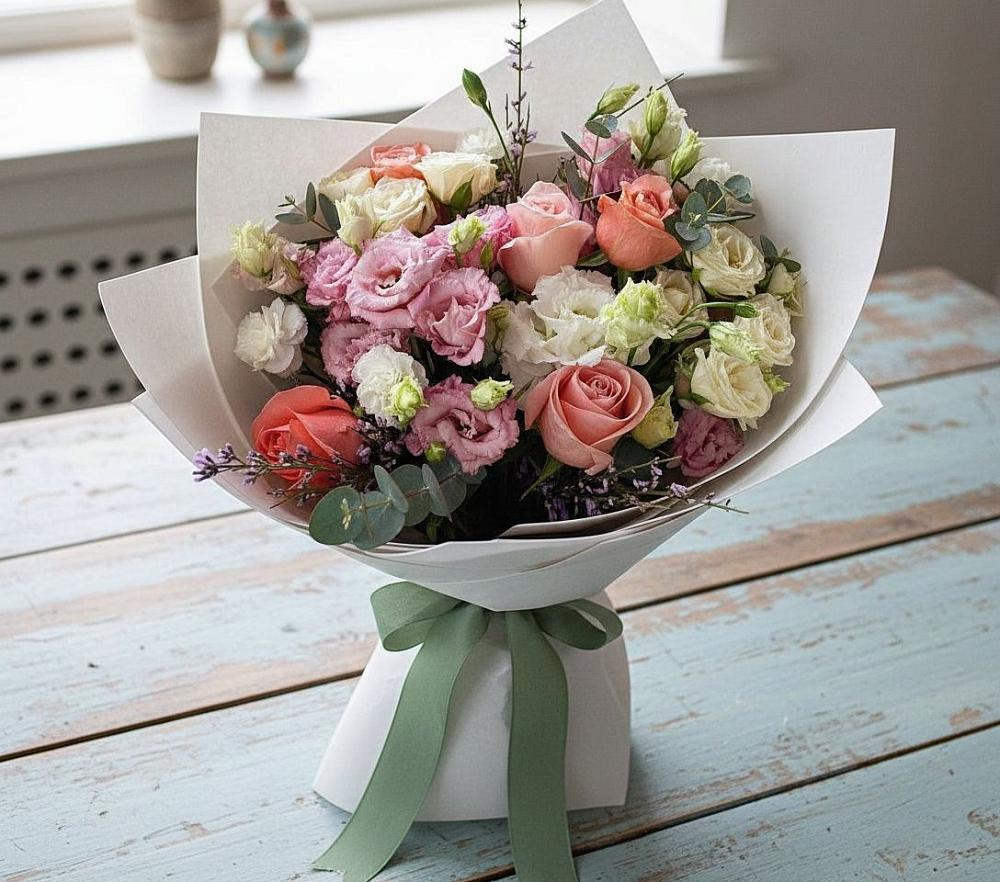 Букет цветов из: Розы, Лизиантусы и Гвоздики в Красные Баки