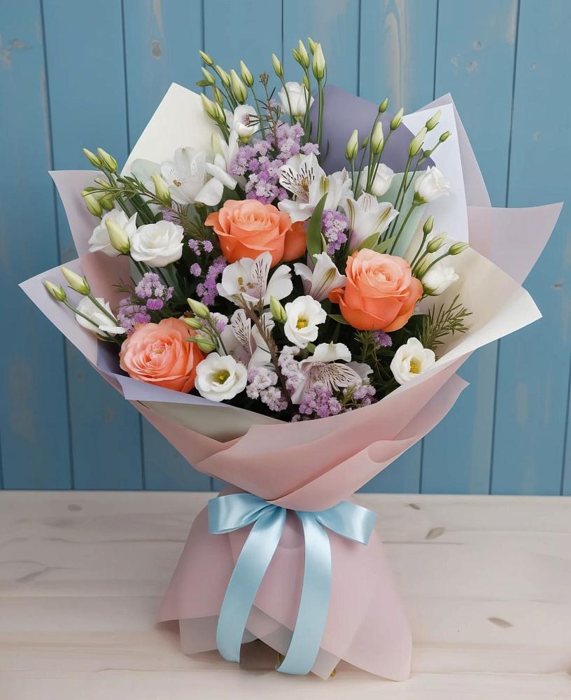 Букет цветов из: Лизиантусы, Розы, Альстромерии и Гипсофила в Красные Баки