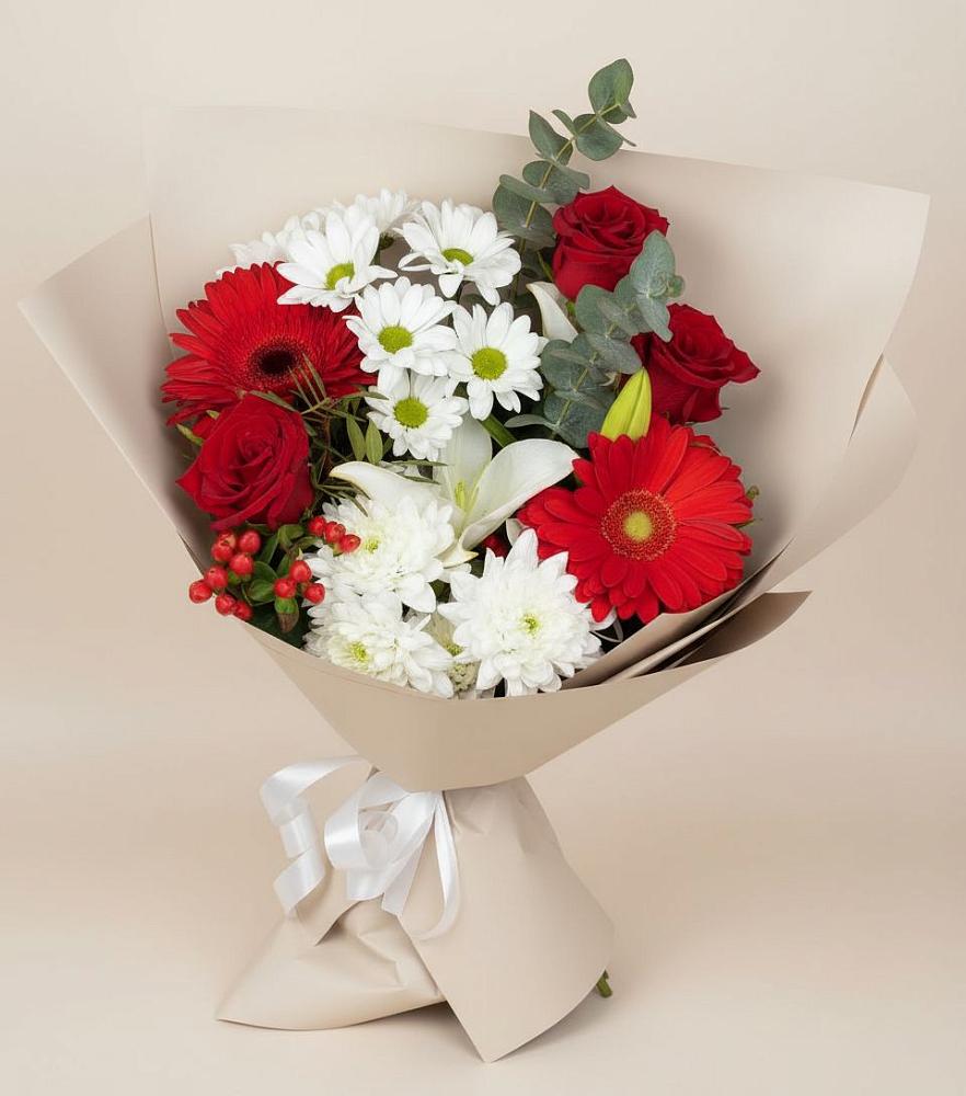 Букет цветов из: Розы, Хризантемы, Герберы и Лилии в Красные Баки